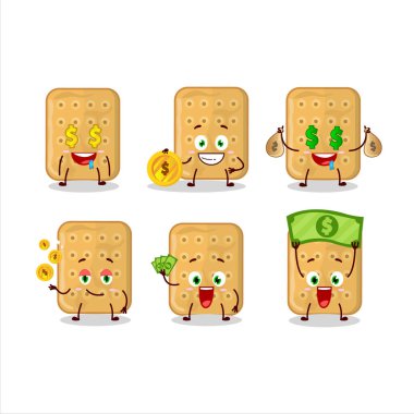 Şirin ifadeli Bisküvi çizgi film karakteri para getiriyor. Vektör illüstrasyonu