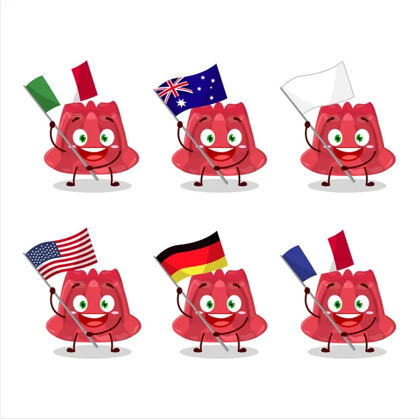 Red Pudding Personnage Bande Dessinée Apporter Les Drapeaux Divers Pays — Image vectorielle
