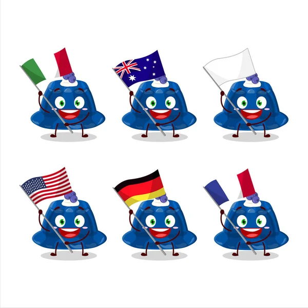 Blueberry Pudding Cartoon Character Bring Flags Various Countries Vector Illustration — Διανυσματικό Αρχείο