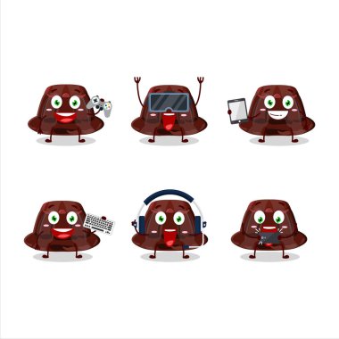 Chocolate pudding cartoon character are playing games with various cute emoticons. Vector illustration