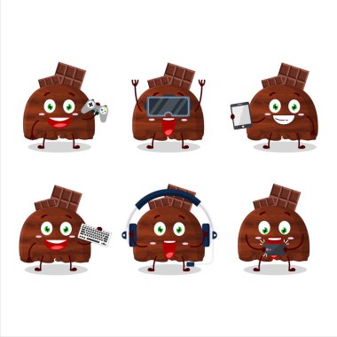 Chocolate ice cream scoops cartoon character are playing games with various cute emoticons. Vector illustration
