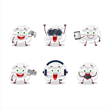 Sütlü dondurma kepçeleri çizgi film karakteri çeşitli şirin duygu simgeleriyle oyunlar oynuyor. Vektör illüstrasyonu