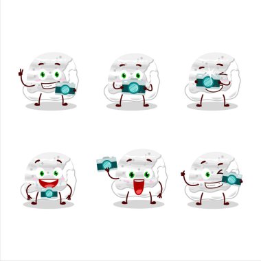 Sütlü dondurma kepçeli fotoğrafçı mesleği simgesi çizgi film karakteri. Vektör illüstrasyonu