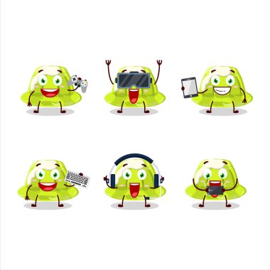 Yeşil puding çizgi film karakteri çeşitli şirin ifadelerle oyunlar oynuyor. Vektör illüstrasyonu