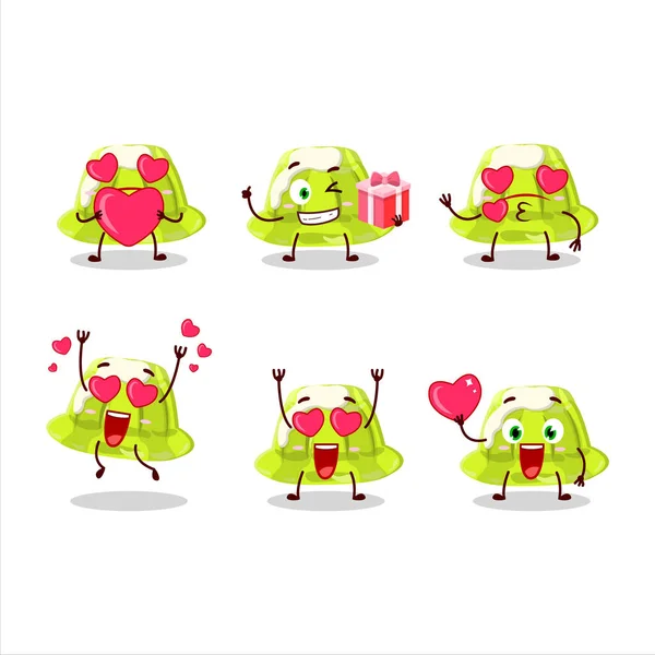 Groene Pudding Stripfiguur Met Liefde Schattig Emoticon Vectorillustratie — Stockvector
