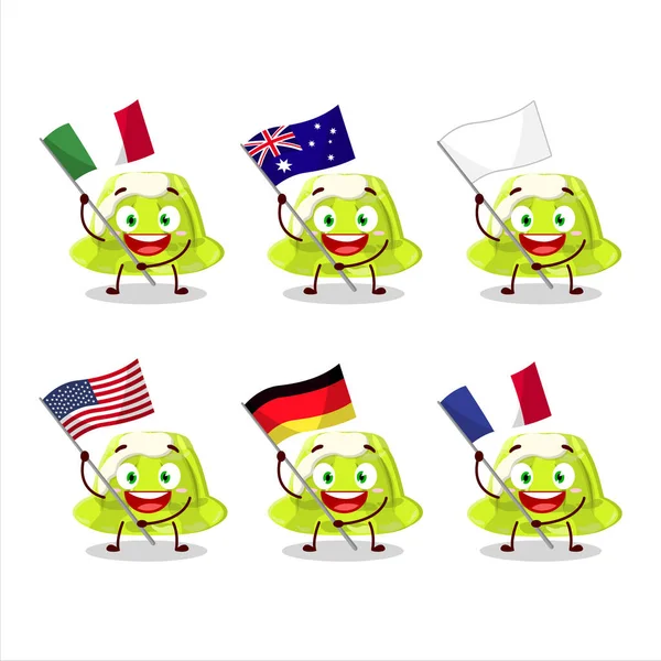 Budino Verde Personaggio Dei Cartoni Animati Portare Bandiere Vari Paesi — Vettoriale Stock