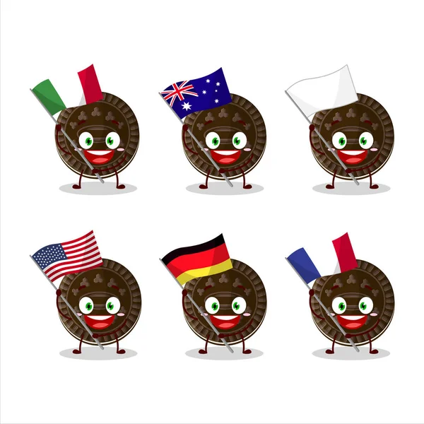 Chocolat Biscuit Personnage Bande Dessinée Apporter Les Drapeaux Divers Pays — Image vectorielle