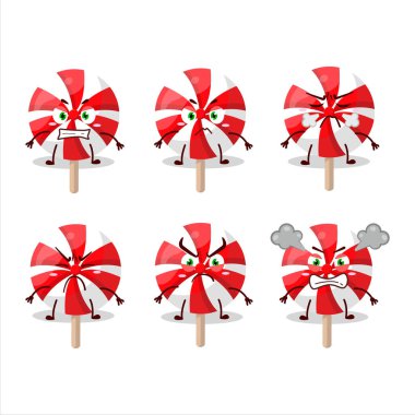 Kırmızı beyaz nane şekerli lolipop çizgi film karakteri ve değişik kızgın ifadeler. Vektör illüstrasyonu