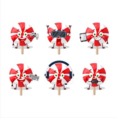 Kırmızı beyaz nane şekerli lolipop çizgi film karakteri çeşitli şirin emoticonlarla oyunlar oynuyor. Vektör illüstrasyonu
