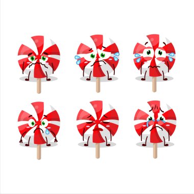 Hüzünlü yüzü olan kırmızı beyaz nane şekeri çizgi film karakteri. Vektör illüstrasyonu