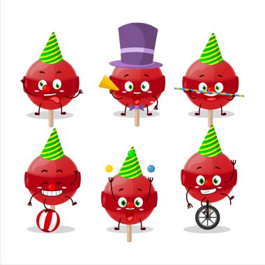 Kırmızı lolipopun çeşitli sirk şovları olan çizgi film karakteri. Vektör illüstrasyonu