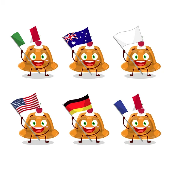 Oranje Pudding Met Cerry Cartoon Karakter Brengen Vlaggen Van Verschillende — Stockvector