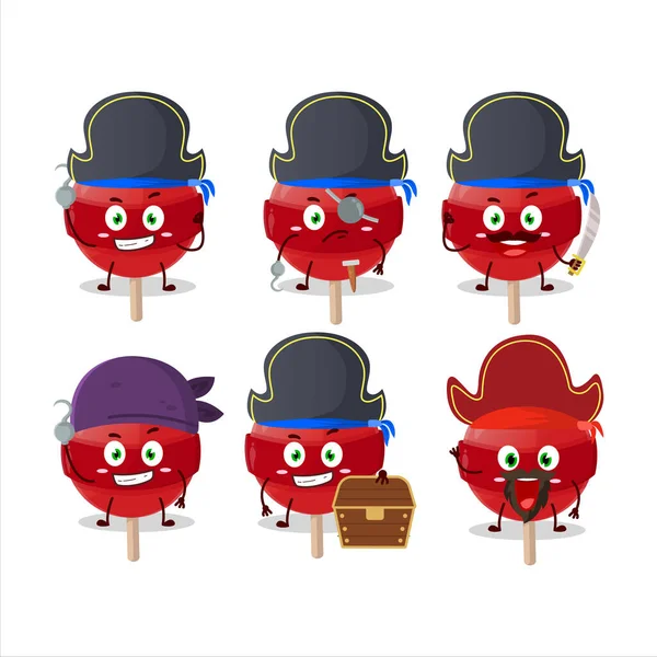 Personaggio Cartone Animato Lolipop Rosso Con Varie Emoticon Pirati Illustrazione — Vettoriale Stock