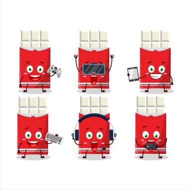 Beyaz çikolatalı çizgi film karakteri çeşitli şirin ifadelerle oyunlar oynuyor. Vektör illüstrasyonu