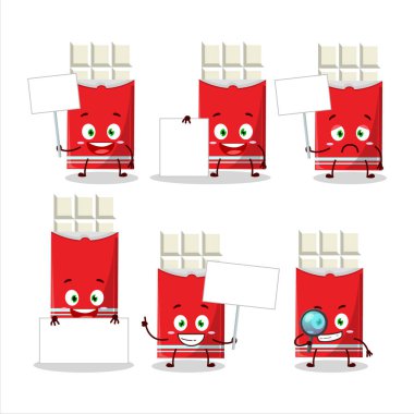 Beyaz çikolatalı çizgi film karakteri bilgi panosu getiriyor. Vektör illüstrasyonu