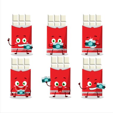 Beyaz çikolatalı çizgi film karakteri ile fotoğrafçılık mesleği simgesi. Vektör illüstrasyonu