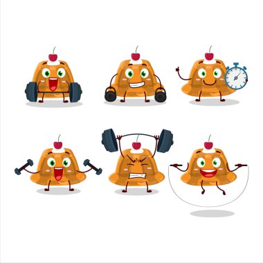 Sağlıklı turuncu puding ve cerry karikatür tarzı spor salonunda bazı aletler deneniyor. Vektör illüstrasyonu