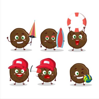 Mutlu Yüz çikolatalı kurabiye karikatür karakteri sahilde oynuyor. Vektör illüstrasyonu