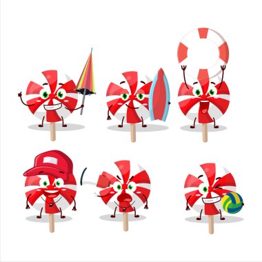 Mutlu Yüz kırmızı beyaz nane şekeri çizgi film karakteri plajda oynuyor. Vektör illüstrasyonu