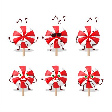 Kırmızı beyaz nane şekerli lolipop dansçısının müzikten hoşlanan çizgi film karakteri. Vektör illüstrasyonu