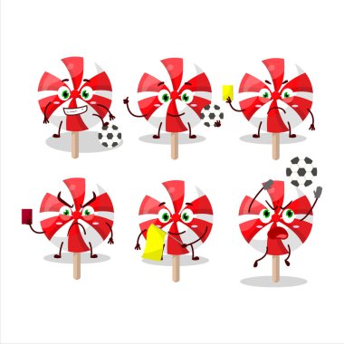 Kırmızı beyaz nane şekeri çizgi film karakteri futbol hakemi olarak çalışıyor. Vektör illüstrasyonu