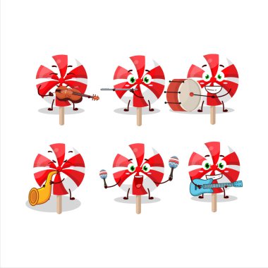 Kırmızı beyaz naneli lolipop sihirbaz çizgi film karakteri sahnede performans sergiliyor. Vektör illüstrasyonu