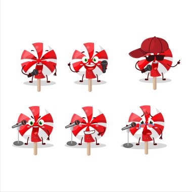 Kırmızı beyaz naneli lolipopun ünlü bir şarkı söylediği şirin bir çizgi film tasarımı. Vektör illüstrasyonu