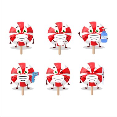 Kırmızı, beyaz, nane aromalı, karikatür tasarımı bir salgın sırasında sağlıklı kalmaya devam ediyor. Vektör illüstrasyonu