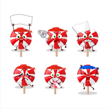 Çekici bir destekçi olarak kırmızı naneli lolipop karakterinin maskot tasarımı. Vektör illüstrasyonu