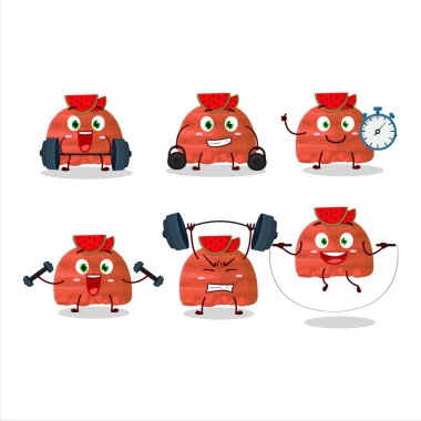 Sağlıklı bir karpuz dondurması çizgi film tarzında spor salonunda bazı aletler dener. Vektör illüstrasyonu