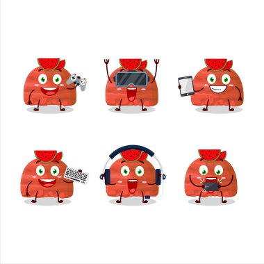 Karpuzlu dondurma kepçeleri çizgi film karakteri çeşitli şirin duygu simgeleriyle oyunlar oynuyor. Vektör illüstrasyonu