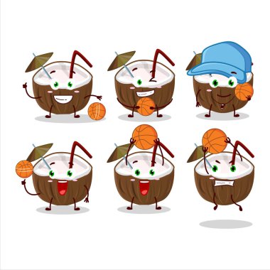 Basketbol atleti olarak yetenekli hindistan cevizi içeceği çizgi film karakteri. Vektör illüstrasyonu