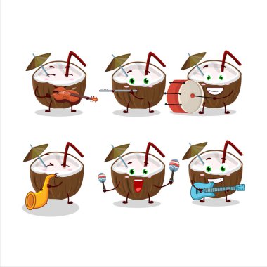 Çizgi film karakteri, müzik enstrümanları çalan hindistan cevizi içeceği. Vektör illüstrasyonu