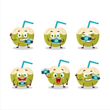 Yeşil hindistan cevizi içeceği çizgi film karakteri ile fotoğrafçılık mesleği simgesi. Vektör illüstrasyonu