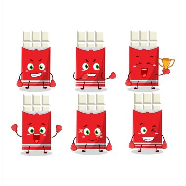 Sportif beyaz çikolatalı boks sporu çizgi film maskotu tasarımı. Vektör illüstrasyonu