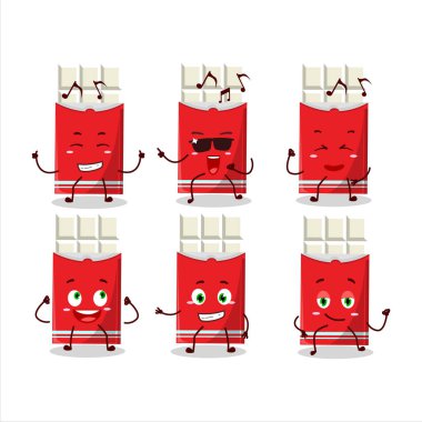 Müzikten hoşlanan beyaz çikolatalı çizgi film karakteri görüntüsü. Vektör illüstrasyonu