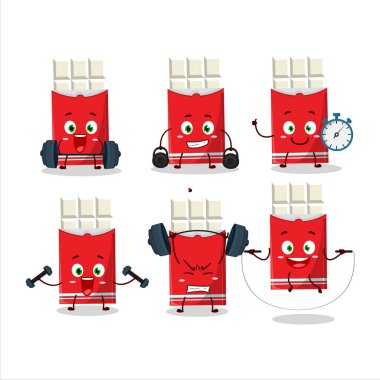 Sağlıklı beyaz çikolatalı çizgi film stili Fitness Merkezi 'nde bazı aletler deniyor. Vektör illüstrasyonu