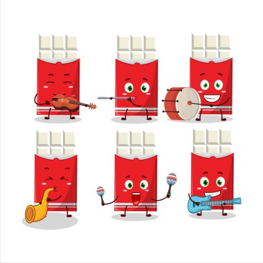 Beyaz çikolatanın çizgi film karakteri müzik enstrümanları çalıyor. Vektör illüstrasyonu