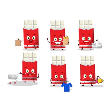 Zengin beyaz çikolata maskotu tasarımı. Alışverişe gidiyor. Vektör illüstrasyonu