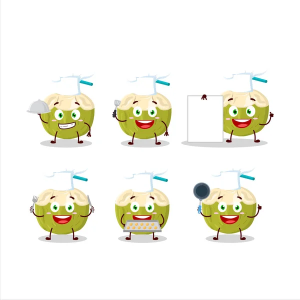 Cartoon Character Green Coconut Drink Various Chef Emoticons Vector Illustration — Stock Vector