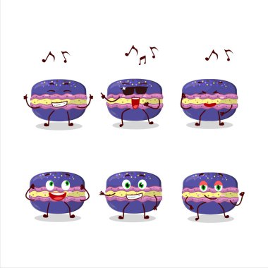 Müzikten hoşlanan üzümlü makarna dansçısı çizgi film karakteri görüntüsü. Vektör illüstrasyonu