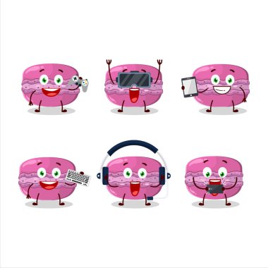 Çilekli makarna çizgi film karakteri çeşitli şirin duygu simgeleriyle oyunlar oynuyor. Vektör illüstrasyonu