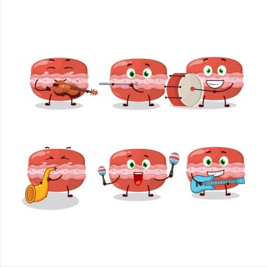 Bazı müzik enstrümanları çalan kırmızı makaronun çizgi film karakteri. Vektör illüstrasyonu