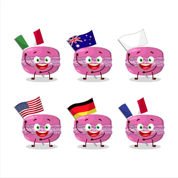 Erdbeer Macaron Cartoon Figur Bringen Die Flaggen Der Verschiedenen Länder — Stockvektor