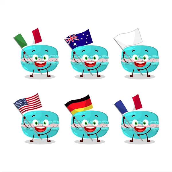 Mirtillo Personaggio Cartone Animato Macaron Portare Bandiere Vari Paesi Illustrazione — Vettoriale Stock