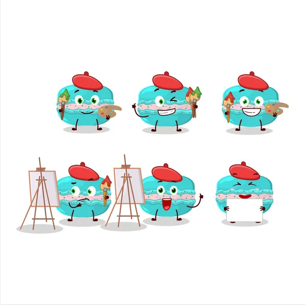 Artistic Artist Blueberry Macaron Cartoon Character Painting Brush Vector Illustration — Stock Vector