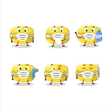 Mango macaron tasarım tarzı bir resim salgın sırasında sağlıklı kalmaya devam ediyor. Vektör illüstrasyonu