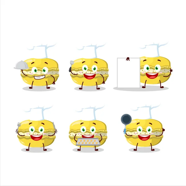 Cartone Animato Personaggio Macaron Mango Con Varie Emoticon Chef Illustrazione — Vettoriale Stock