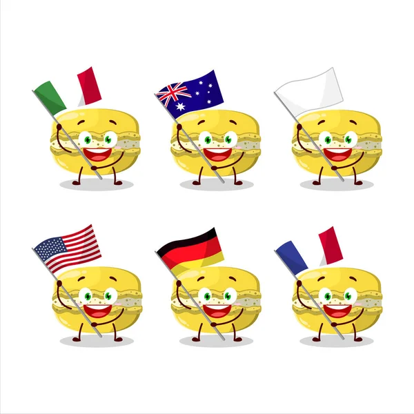 Personaje Dibujos Animados Mango Macaron Trae Las Banderas Varios Países — Vector de stock