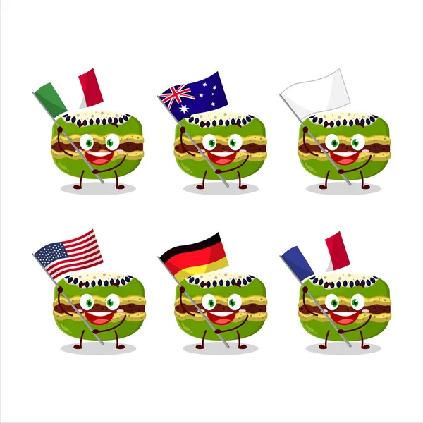 Kiwi Macaron Cartoon Character Bring Flags Various Countries Vector Illustration — Stock Vector